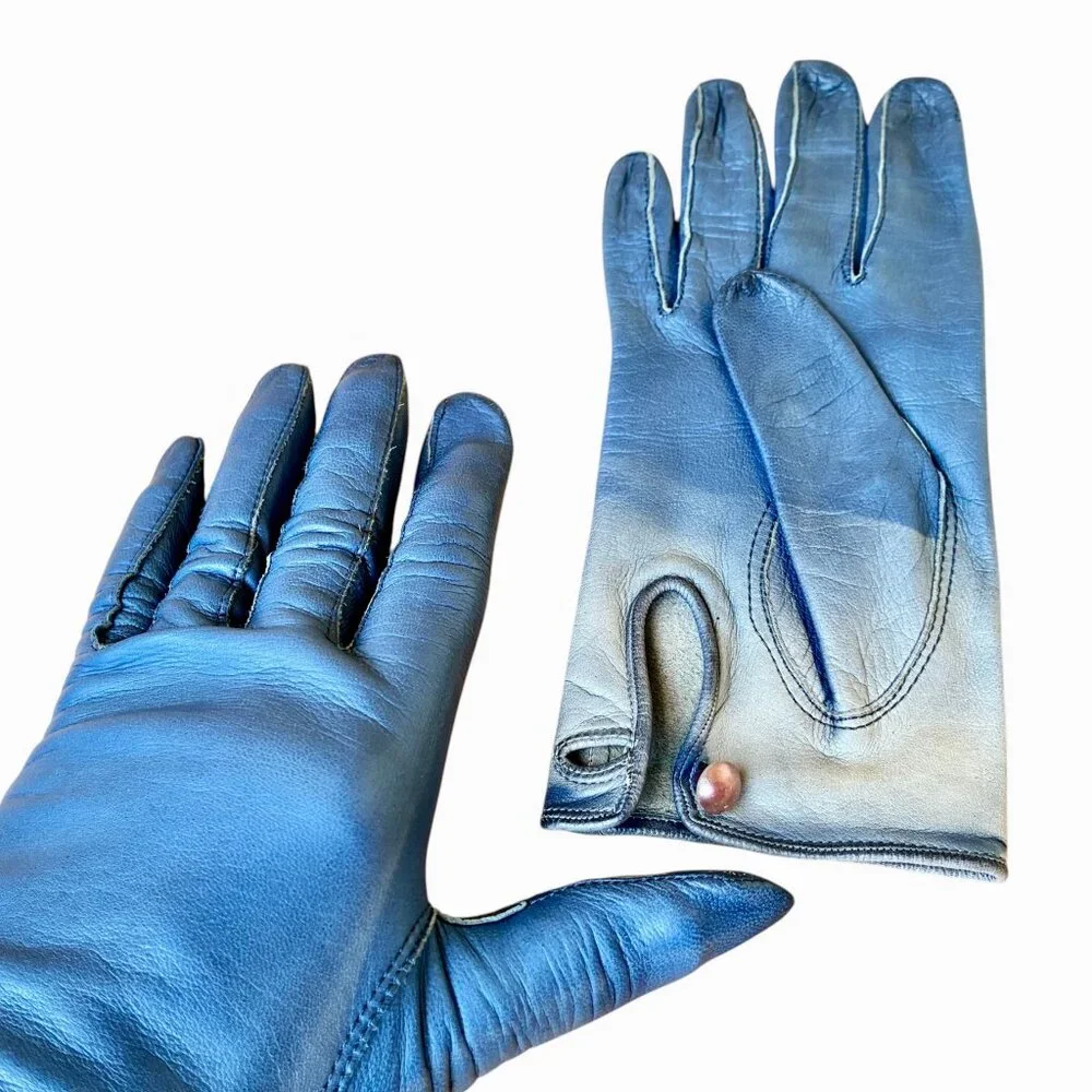Vintage 70's Blue Leather Gloves Button Womens 7 DAMAGED